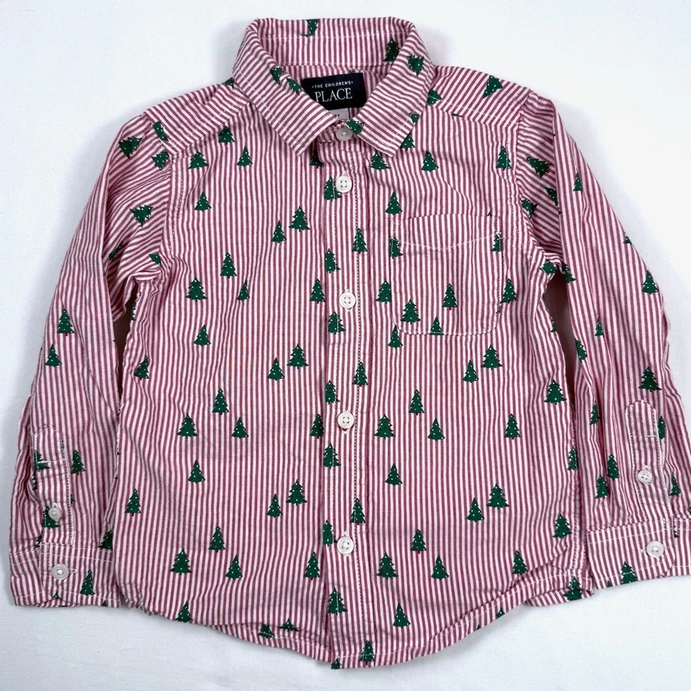 THE CHILDREN'S PLACE Toddler Boys' Christmas Tree Poplin Button‎ Down Shirt 3T
